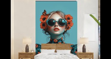 Behang - Fotobehang Vrouw - Blauw - Vlinder - Bloemen - Aesthetic - Breedte 145 cm x hoogte 220 cm