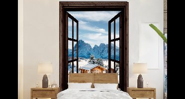 Behang - Fotobehang Doorkijk - Winter - Landschap - Huisje - Bergen - Breedte 160 cm x hoogte 240 cm