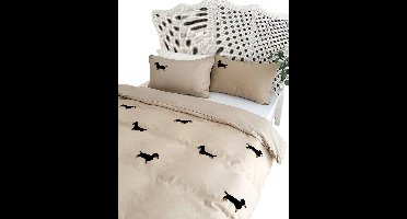 3-Delige Dekbedovertrekset (1+2): Modern Geborduurd Hondenmotief - Kaki - 135x200cm