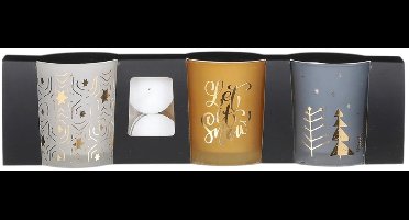 House of Seasons Theelichthouder - Set van 3 - H8 x Ø7 cm - Wit, Goud, Blauw