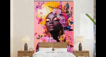 Behang - Fotobehang Kleurrijk - Bloemen - Vrouw - Zon - Breedte 160 cm x hoogte 240 cm