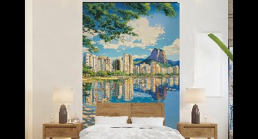 Behang - Fotobehang Berg - Skyline - Strand - Water - Breedte 145 cm x hoogte 220 cm