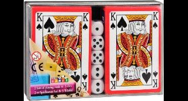 Eddy toys Speelkaarten en Dobbelstenen - 2x set kaarten - 5 dobbelstenen - plastic doosje