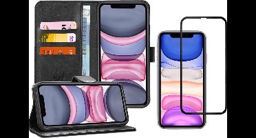 Hoesje geschikt voor iPhone 11 - Screen Protector FullGuard - Book Case Kunstleer Pasjeshouder Zwart & Screenprotector