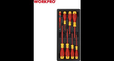 WORKPRO WP209104 VDE Schroevendraaierset – 8-delig – Incl. Spanningszoeker - geleverd in inlay voor gereedschapswagen.
