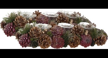 2x stuks kerst thema kaarsenhouders ornament roze/bruin nature 38 x 15 x 9,5 cm cm - Kerststukjes