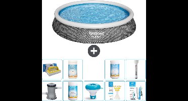 Bestway Rond Opblaasbaar Fast Set Zwembad - Rotanprint - 396 x 84 cm - Inclusief Pomp - Chloor - Chloordrijver - Testrips - Reparatiesetje - Scrubborstel - PH-min - PH-plus - Thermometer - 10-delig