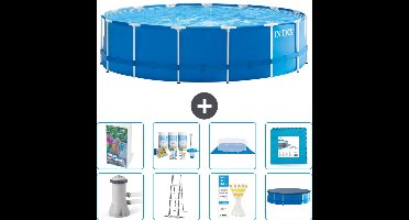 Intex Rond Frame Zwembad - 457 x 122 cm - Blauw - Inclusief Pomp - Ladder - Grondzeil - Afdekzeil - Onderhoudspakket - Vloertegels - 9-delig