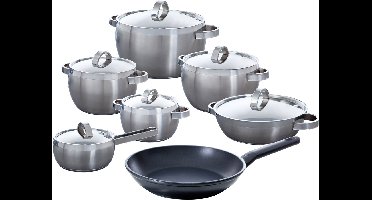 BK Apple Pannenset 7-delig - 16/18/20/24/28cm - Zonder PFAS-vrije antikleeflaag - Koekenpan inductie - Pannenset inductie - RVS pannenset - Ovenbestendig tot 230°C - Met glazen deksel - Zilver