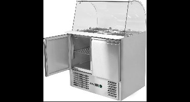 YATO Professionele Saladette Koelwerkbank YG-05260 – 2-Deurs – 240L – RVS – Glasopbouw – Geventileerde Koeling – Polyethyleen Werkblad – Inclusief Opening voor GN-Bakken
