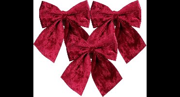 House of Seasons Kerst strik ornamenten - 3x - donkerrood - 20 x 24 cm - polyester fluweel - kerststrik