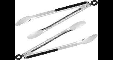 HI Barbecue tang/vleestang - 2x stuks - met sluitsysteem - 34 cm - RVS - Barbecue benodigdheden