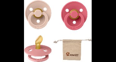 Bibs Dental fopspenen Anatomical 0-6 maanden- Set 3 stuks- Coral, Blush, Dusty Pink + Monkiezz speenzakje - orthodontisch- Anatomisch- Maat 1