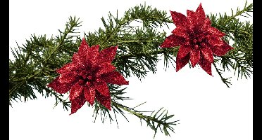 Cosy and Trendy kerstboomversiering bloemen op clip - 2x st - rood - 8 cm - glitters