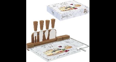EASY-LIFE -DE LUXE GLAS EN BAMBOE KAASPLANK 31,5 X 20 CM + COMPLETE SET MESSEN IN GIFT/CADEAU BOX