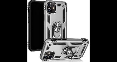 Hoesje Geschikt voorApple iPhone 12 mini Stevige Magnetische Anti shock ring back cover case- schokbestendig-TPU met stand Zilver + gratis screenprotector