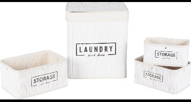 Set manden - bamboe - 4-delig - wasmand en 3 opbergmanden - wit