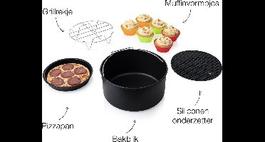 Princess 182011 Airfryer Accessoireset 10-delig - Accessoire voor heteluchtfriteuse - Grillrek - Pizzapan - Muffinset - Bakblik - Siliconen onderzetter - Diameter 18 cm