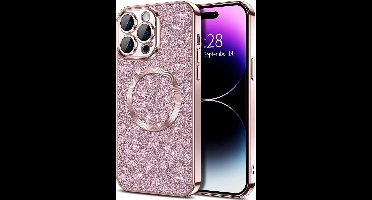 Hoesje Geschikt voor iPhone 15 Pro Magsafe hoesje Rose Goud - Lens beschermer glitter backcover