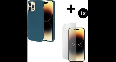 Mobiparts Silicone Cover hoesje geschikt voor Apple iPhone 14 Pro Max met 1 Screenprotector van Gehard Glas - Blauw