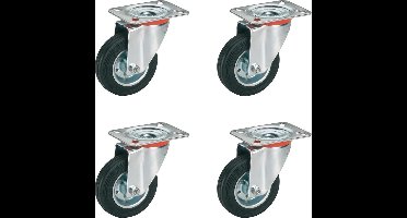 4 Rubberen Zwenkwielen met plaatbevestiging Ø 75 mm - Zwenkwiel Rubber