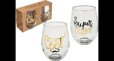 Out of the blue Waterglazen/drinkglazen - 4x - glas - Super Mom & Daddy Cool - 300 ml