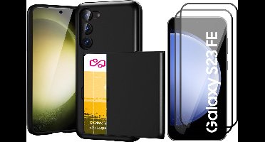 Hoesje met Pasjeshouder geschikt voor Samsung Galaxy S23 FE - 2x Screen Protector FullGuard - Back Cover SlideCase Zwart & Screenprotector
