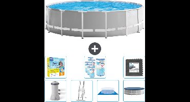 Intex Rond Prism Frame Zwembad - 457 x 122 cm - Grijs - Inclusief Pomp - Ladder - Grondzeil - Afdekzeil Onderhoudspakket - Filters - Vloertegels