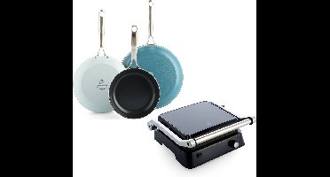 BK Sky Blue keramische inductie koekenpannenset 3-delig en contactgrill - PFAS vrij - inductie pannenset- Grill - Ovenbestendig tot 220°C – Vaatwasserbestendig – Snelle opwarming – RVS handgrepen - Blauw - Vaderdag cadeaupakket