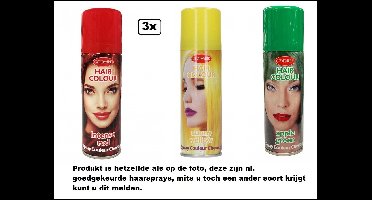 3x Haarspray rood/geel/groen 125 ml