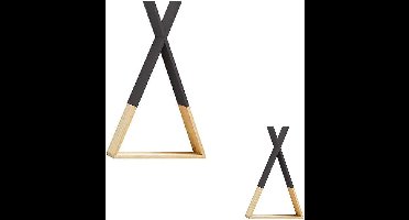 Set van 2 wandplanken in het zwart. Zwevende planken met driehoekig design. Wandrek om op te hangen in de kinderkamer en babykamer. Groot en medium