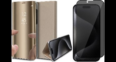 Hoesje geschikt voor iPhone 15 Pro Max - Privacy Screen Protector FullGuard - Book Case Spiegel Goud & Screenprotector
