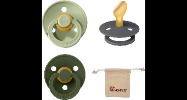 Bibs Dental fopspenen Anatomical 0-6 maanden- Set 3 stuks- Sage, Iron, Hunter Green - + Monkiezz speenzakje - orthodontisch- Anatomisch- Maat 1