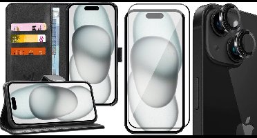 Hoesje geschikt voor iPhone 15 - Screenprotector FullGuard & Camera Lens Screen Protector Zwart - Book Case Kunstleer Pasjeshouder Zwart