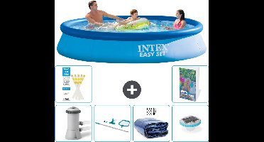 Intex Rond Opblaasbaar Easy Set Zwembad - 366 x 76 cm - Blauw - Inclusief Pomp Schoonmaakset - Solarzeil - Verlichting - 7-delig