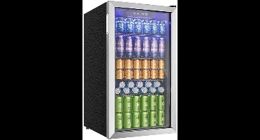 CYRO - Mini Koelkast Glazen Deur - Mini Koelkasten voor Drinken - Minibar - LED - 126 Blikjes - Verstelbare Planken - RVS - Zilver