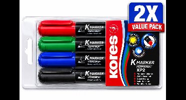 Kores XP2 Permanent Markers Set van 4 Kleuren - Voordeelverpakking van 2 Etuis (8 Stiften Totaal) - Permanente Inkt voor Karton Papier Glas Metaal en Plastic - Waterbestendig
