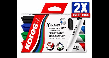 Kores Whiteboard Markers Set van 4 Kleuren - Voordeelverpakking van 2 Etuis (8 Stiften Totaal) - Ronde Punt 3 mm - Uitwisbaar voor Whiteboard - Schoolbenodigdheden en Kantoor