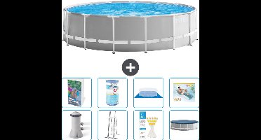 Intex Rond Prism Frame Zwembad - 457 x 122 cm - Grijs - Inclusief Pomp - Ladder - Grondzeil - Afdekzeil - Filter - Loungebed - 9-delig