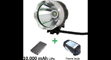 1200 lumen MTB/race LED koplamp set CREE T6 USB aansluiting - EXTREEM veel licht - 100 meter- met 10.000mAh LiPo Powerbank en handig frametasje
