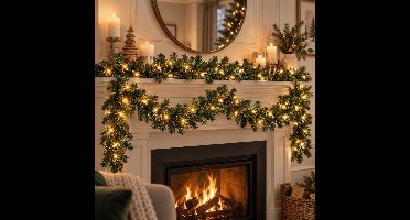 HI Dennen guirlande - 2x - groen - met verlichting - 270 x 20 cm - dennenslinger - kerstslinger - versiering