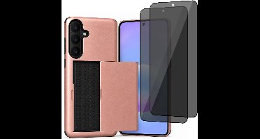 Hoesje met Pasjeshouder geschikt voor Samsung Galaxy A57 – Back Cover Slide Case – Roségoud – 2 Stuks Privacy Screenprotector – Anti Inkijk