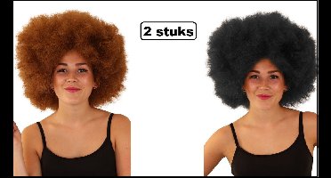 2x Mega pruik Afro zwart en bruin - Disco thema feest afro festival tempex pruik houder