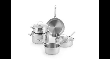 BK Sparkling Uncoated Pannenset 5-delig - 18-28cm - 3.6L - Zonder PFAS-vrije antikleeflaag - Pannenset inductie - RVS pannenset - Ovenbestendig tot 230°C - Hapjespan 28cm met deksel - Met glazen deksel - Zilver