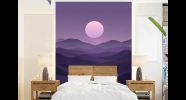 Behang - Fotobehang Heuvels - Paars - Mist - Zon - Breedte 160 cm x hoogte 220 cm