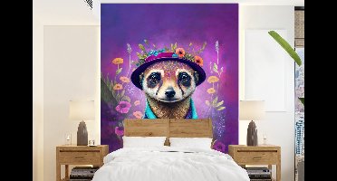 Behang - Fotobehang Meerkat - Bloemen - Verf - Paars - Portret - Stokstaartje - Breedte 160 cm x hoogte 220 cm