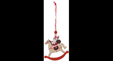 Hangversiering van sparrenhout in de vorm van een rood houten paardje van de Kerstman, 8,5 cm