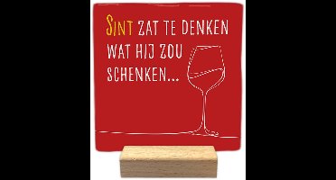 Sinterklaas decoratie tegel met tekst - Sint zat te denken - keramisch - 10x10 cm - inclusief houder