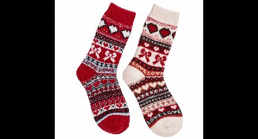 Gebreide damessokken - liefde - warme wintersokken met hartjes - Out of the Blue - knitted socks - rood en creme - maat 39-42 - 2 Paar