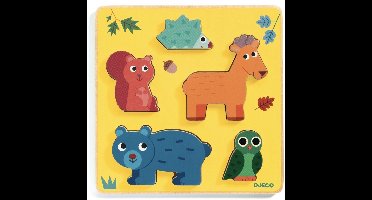 Djeco houten vormenpuzzel Frimours - dierenpuzzel 5 stukjes.